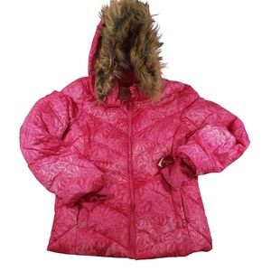 NWT SO Girls Pink Floral Puffer Jacket Removable Faux Fur Hood Size 14 DS84HQ01B